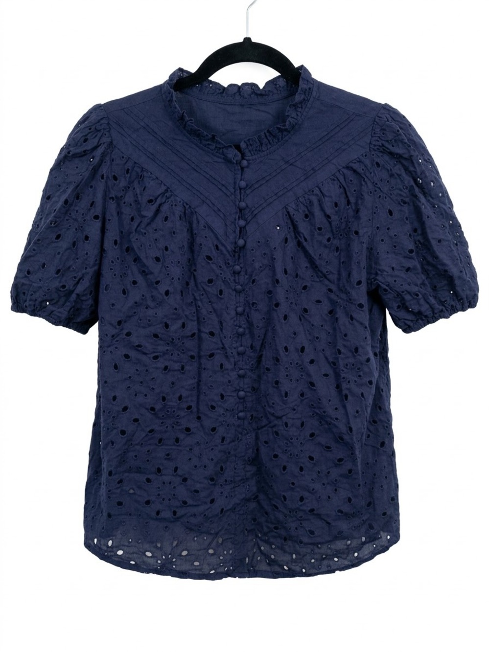 Navy Eyelet Button-Front Women's Top